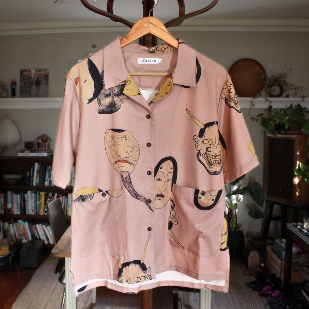 Japanese Noh Mask Aloha Shirt, Size S